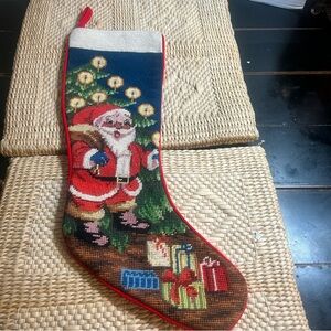 Vintage Festive Santa Christmas Tree Wool Stocking Embroidered Velvet Backing